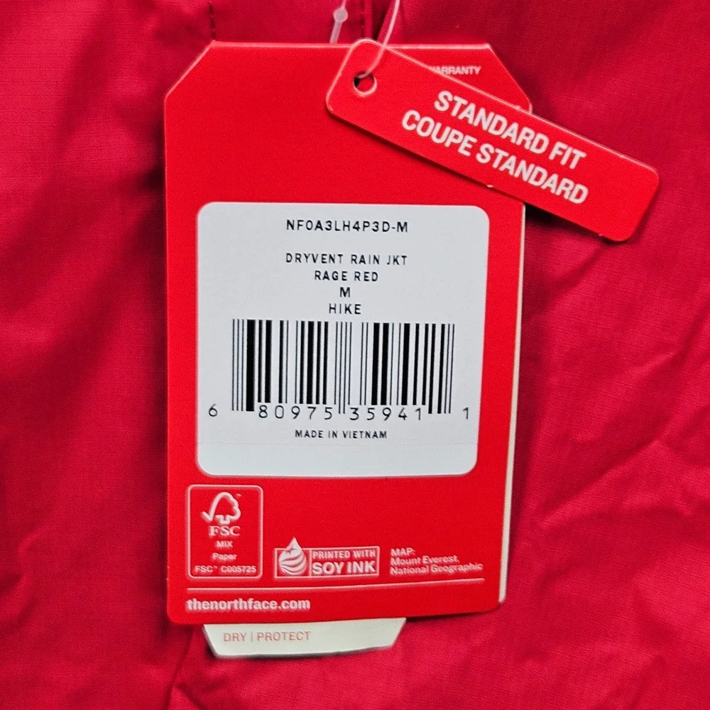 NEW North Face DryVent Rain Jacket Mens Medium Red Full Zip Hooded Waterproof